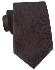 Krawat w Duży Brązowy Wzór Paisley na Granatowym Tle - Alties. Brązowe krawaty i muchy męskie Alties, bez wzorów, z tkaniny, eleganckie. Za 55.00 zł.