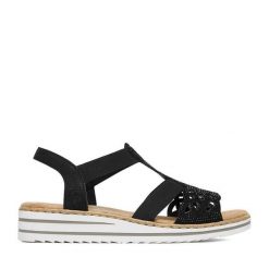 Sandały Rieker. Czarne sandały damskie Rieker, bez wzorów, bez obcasa, na koturnie. Za 319.99 zł.