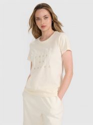 4F T-shirt regular z nadrukiem damski - beżowy M. Brązowe t-shirty damskie 4f, m, bez wzorów, z bawełny, bez kołnierzyka. W wyprzedaży za 39.99 zł.