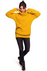 Miodowy Oversizowy Sweter-Tunika z Golfem. Pomarańczowe tuniki damskie MOE, l, bez wzorów, z materiału, bez kołnierzyka, bez ramiączek. Za 203.90 zł.