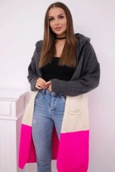 Sweter Kardigan z kapturem w pasy grafitowy+beżowy+różowy neon. Brązowe kardigany damskie KESI, l, bez wzorów, z jeansu. Za 209.08 zł.