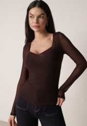 Ciemnobrązowa Bluzka Siateczkowa z Wiskozą z Długim Rękawem i Dekoltem w Serce Elanne. Brązowe bluzki damskie Born2be, l, bez wzorów, z jeansu, eleganckie, bez kołnierzyka, bez ramiączek. Za 109.99 zł.