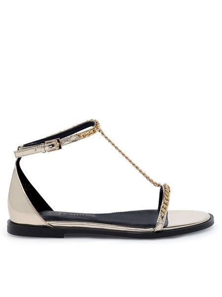 Eva Minge Sandały ALBINA-F50-298-1 Złoty. Żółte sandały damskie Eva Minge, bez wzorów, z lakierowanej skóry, bez obcasa, na płaskiej podeszwie. Za 179.99 zł.