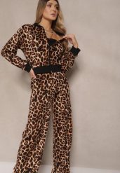 Brązowy Komplet Dresowy w Panterkowy Print Bluza i Spodnie o Szerokim Kroju Sonariela. Brązowe bluzy bez kaptura damskie Renee, m, z dresówki. Za 74.99 zł.