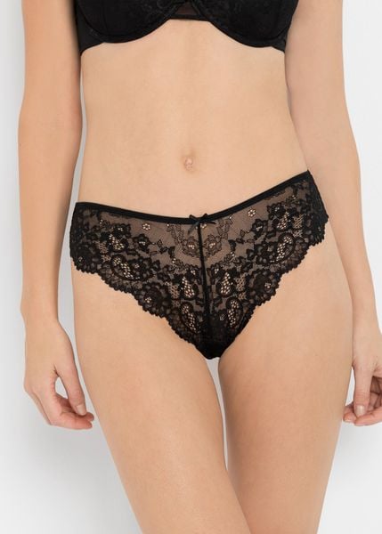 Figi brazylijskie (2 pary). Czarne figi damskie bonprix, bez wzorów, z koronki. Za 59.98 zł.