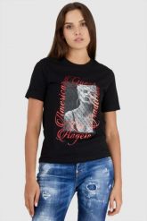 GUESS Czarny t-shirt damski z nadrukiem. Czarne t-shirty damskie Guess, s, z aplikacjami, z bawełny, bez kołnierzyka. W wyprzedaży za 129.99 zł.