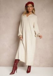 Jasnobeżowa Sweterkowa Sukienka z Wiskozą o Pudełkowym Kroju Ozdobiona Kołnierzykiem Clarinnae. Brązowe sukienki damskie Renee, bez wzorów, z wiskozy, eleganckie, bez kołnierzyka, bez ramiączek, maxi, kopertowe. W wyprzedaży za 111.99 zł.