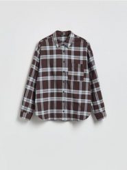 Koszula w kratę - ciemnobrązowy. Brązowe koszule damskie Reserved, l, bez wzorów, z bawełny, bez kołnierzyka, bez ramiączek. Za 139.99 zł.