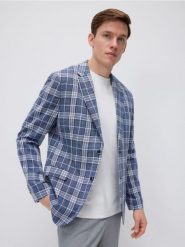 Marynarka slim fit w kratę - granatowy. Niebieskie marynarki męskie Reserved, bez wzorów, z tkaniny. W wyprzedaży za 239.99 zł.