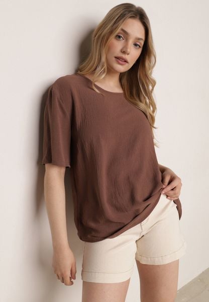 Brązowy Minimalistyczny T-shirt z Teksturowanej Tkaniny z Bawełną Shinost. Brązowe t-shirty damskie Born2be, plus size, bez wzorów, z bawełny, bez kołnierzyka. Za 49.99 zł.