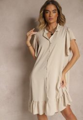 Beżowa Koszulowa Sukienka Ozdobiona Falbankami i Guzikami Tenelora. Brązowe sukienki damskie Renee, na co dzień, bez wzorów, eleganckie, bez kołnierzyka, bez ramiączek, midi, koszulowe. W wyprzedaży za 59.49 zł.
