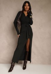 Czarna Sukienka z Wiskozą o Kopertowym Kroju z Rozcięciem i Wiązanym Paskiem Tesela. Czarne sukienki damskie Renee, na co dzień, l, bez wzorów, z wiskozy, bez kołnierzyka, bez ramiączek, maxi, kopertowe. Za 159.99 zł.