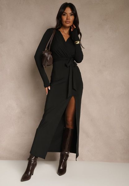 Czarna Sukienka z Wiskozą o Kopertowym Kroju z Rozcięciem i Wiązanym Paskiem Tesela. Czarne sukienki damskie Renee, na co dzień, l, bez wzorów, z wiskozy, bez kołnierzyka, bez ramiączek, maxi, kopertowe. Za 159.99 zł.