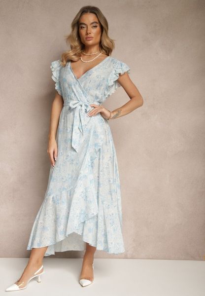 Niebieska Asymetryczna Sukienka z Bawełny z Falbankami i Kwiatowym Printem Lommea. Niebieskie sukienki damskie Renee, na co dzień, l, bez wzorów, z bawełny, eleganckie, z asymetrycznym kołnierzem, bez ramiączek, midi, asymetryczne. Za 139.99 zł.