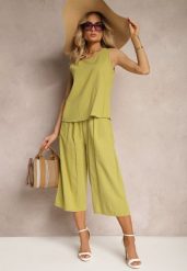 Jasnozielony 2-Częściowy Komplet z Bawełny Luźny Top i Szerokie Spodnie Nezara. Zielone spodnie materiałowe damskie Renee, bez wzorów, z bawełny, eleganckie. Za 49.99 zł.