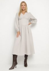 Jasnobeżowa Sukienka z Wiskozą z Gorsetową Talią i Bufiastymi Rękawami Aniste. Brązowe sukienki damskie Born2be, na co dzień, l, bez wzorów, z poliesteru, eleganckie, bez kołnierzyka, bez ramiączek, gorsetowe. Za 139.99 zł.