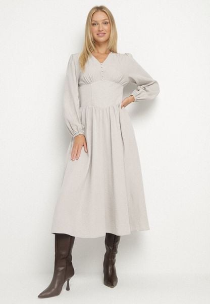 Jasnobeżowa Sukienka z Wiskozą z Gorsetową Talią i Bufiastymi Rękawami Aniste. Brązowe sukienki damskie Born2be, na co dzień, l, bez wzorów, z poliesteru, eleganckie, bez kołnierzyka, bez ramiączek, gorsetowe. Za 139.99 zł.