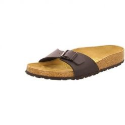 Klapki damskie Birkenstock 040793. Brązowe klapki damskie Birkenstock, bez wzorów, z materiału, bez obcasa. Za 338.36 zł.
