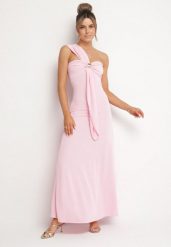 Różowa Koktajlowa Taliowana Sukienka na Jedno Ramię z Metaliczną Ozdobą Divalline. Czerwone sukienki damskie Born2be, na imprezę, m, z aplikacjami, eleganckie, z asymetrycznym kołnierzem, bez ramiączek, maxi, asymetryczne. Za 139.99 zł.