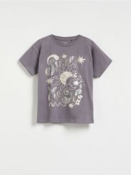 T-shirt z nadrukiem - ciemnoszary. Szare koszulki dziewczęce Reserved, bez wzorów, z bawełny, bez ramiączek. Za 32.99 zł.