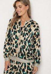 Beżowo-Zielona Kurtka Bomberka w Panterkę ze Ściągaczami Irira. Brązowe kurtki damskie Born2be, l, bez wzorów, z jeansu, bez kaptura. Za 99.99 zł.