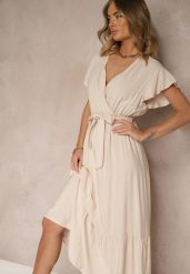 Beżowa Kopertowa Sukienka z Wiskozy Ozdobiona Paskiem Savioneira. Brązowe sukienki damskie Renee, na co dzień, l, bez wzorów, z jeansu, eleganckie, bez kołnierzyka, bez ramiączek, maxi, kopertowe. W wyprzedaży za 59.49 zł.