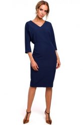 Sukienka elegancka ołówkowa zbluzowana góra i dekolt V granatowa. Sukienki damskie Sukienki.shop, do pracy, xxl, bez wzorów, biznesowe, bez kołnierzyka, bez ramiączek, ołówkowe. Za 229.00 zł.