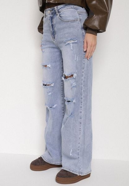 Niebieskie Szerokie Jeansy z Wysokim Stanem Zdobione Przetarciami i Dziurami Brizeth. Niebieskie jeansy damskie Born2be, z podwyższonym stanem. Za 109.99 zł.