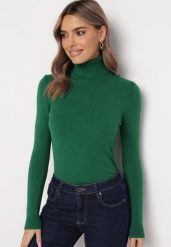 Ciemnozielony Golf z Długim Rękawem Adegera. Zielone golfy damskie Born2be, l, bez wzorów, z dzianiny, bez ramiączek. Za 49.99 zł.