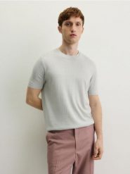 T-shirt regular z lnem - jasnoszary. Szare t-shirty męskie Reserved, l, bez wzorów, z dzianiny, bez kołnierzyka. W wyprzedaży za 79.99 zł.