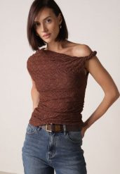 Brązowa Koronkowa Bluzka o Asymetrycznym Kroju na Jedno Ramię Nerasos. Brązowe bluzki damskie Born2be, m, bez wzorów, z jeansu, bez ramiączek. Za 79.99 zł.