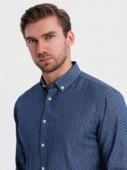 Wzorzysta męska koszula z cienkiego jeansu z kieszonką – niebieska V2 OM-SHDS-0179 - XXL. Niebieskie koszule męskie Ombre Clothing, l, bez wzorów, z bawełny, bez kołnierzyka, bez ramiączek. W wyprzedaży za 129.99 zł.