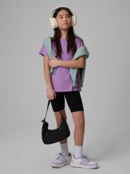 4F T-shirt regular gładki dziewczęcy - fioletowy 152 (11-12 lat). Fioletowe koszulki dziewczęce 4f, bez wzorów, z bawełny, bez ramiączek. Za 29.99 zł.