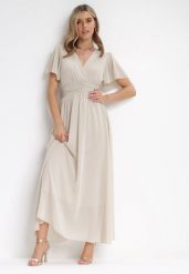 Beżowa Kopertowa Sukienka Maxi z Gumką w Pasie Narlin. Brązowe sukienki damskie Born2be, na co dzień, na lato, uniwersalny, bez wzorów, eleganckie, bez kołnierzyka, bez ramiączek, maxi, kopertowe. W wyprzedaży za 111.99 zł.