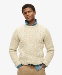 Superdry Jacob Cable Knit Jumper – sweter w warkocze, luźny krój. Brązowe swetry męskie Superdry., xl, z aplikacjami, z jeansu, bez kołnierzyka. Za 423.85 zł.