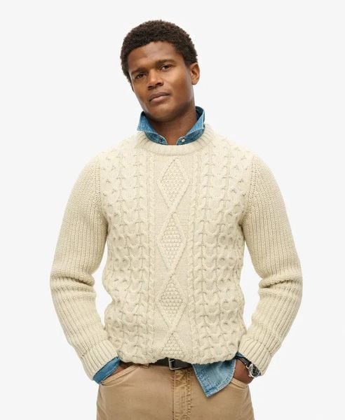 Superdry Jacob Cable Knit Jumper – sweter w warkocze, luźny krój. Brązowe swetry męskie Superdry., xl, z aplikacjami, z jeansu, bez kołnierzyka. Za 423.85 zł.