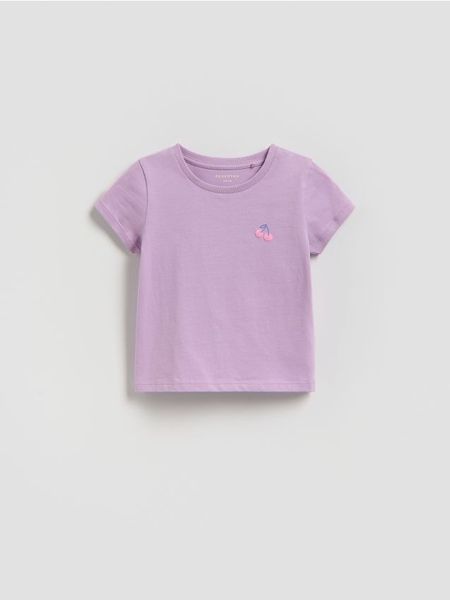 Bawełniany t-shirt z nadrukiem - lawendowy. Fioletowe koszulki dziewczęce Reserved, m, bez wzorów, z bawełny, bez ramiączek. Za 27.99 zł.