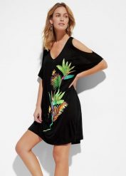 Sukienka plażowa z lejącej wiskozy. Czarne sukienki damskie bonprix, na plażę, bez wzorów, z wiskozy, bez kołnierzyka, bez ramiączek. Za 72.99 zł.
