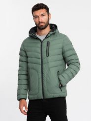 Sportowa pikowana męska kurtka z kontrastowym zamkiem – khaki V6 OM-JALP-0179 - L. Brązowe kurtki treningowe męskie Ombre Clothing, l, z aplikacjami, z gumy. W wyprzedaży za 109.99 zł.