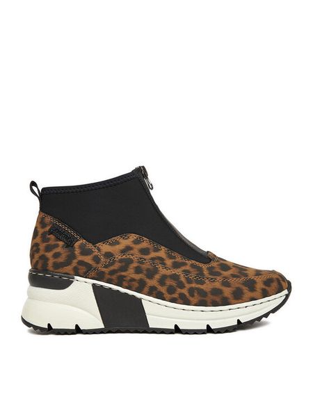 Rieker Botki CEO-N6352-90 Czarny. Czarne botki damskie Rieker, z materiału, bez obcasa, na koturnie, bez zapięcia. Za 329.99 zł.