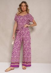 Fioletowy Komplet Spodnie i Bluzka z Bawełny w Ornamentalny Print Nanitria. Fioletowe spodnie materiałowe damskie Renee, bez wzorów, z bawełny. Za 44.99 zł.