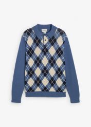 Sweter polo ze wzorem w romby z czystej bawełny. Niebieskie swetry męskie bonprix, m, bez wzorów, z bawełny, bez kołnierzyka. Za 129.99 zł.