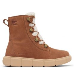 Botki Sorel. Brązowe botki damskie Sorel, bez obcasa, na płaskiej podeszwie, bez zapięcia. Za 389.99 zł.