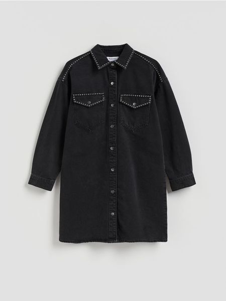 Jeansowa sukienka mini - czarny. Czarne sukienki damskie Reserved, na co dzień, l, bez wzorów, z bawełny, bez kołnierzyka, bez ramiączek, mini, proste. Za 159.99 zł.