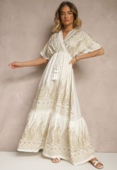 Biała Wiskozowa Sukienka Boho o Kopertowym Kroju z Metalicznym Haftem Redeselle. Białe sukienki damskie Renee, na co dzień, m, z aplikacjami, z wiskozy, boho, bez kołnierzyka, bez ramiączek, maxi, kopertowe. W wyprzedaży za 83.99 zł.