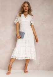 Biała Sukienka Corelaia. Białe sukienki damskie Renee, m, bez wzorów, z koronki, klasyczne, bez kołnierzyka, bez ramiączek, midi, rozkloszowane. W wyprzedaży za 146.99 zł.