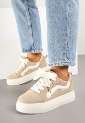 Ciemnobeżowe Sneakersy Kultowe Tenisówki na Grubej Podeszwie Nurisora. Brązowe trampki i tenisówki damskie Renee, bez wzorów, z jeansu. Za 79.99 zł.