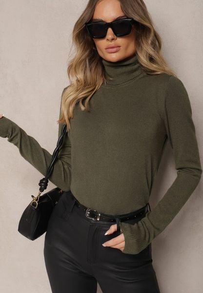 Ciemnozielony Golf Sweterkowy z Domieszką Kaszmiru Zaivanna. Zielone golfy damskie Renee, bez wzorów, z jeansu, bez ramiączek. Za 59.99 zł.