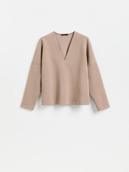 Bluza z dekoltem V - brązowy. Brązowe bluzy bez kaptura damskie Reserved, l, z bawełny. Za 89.99 zł.