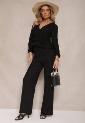Czarny Komplet z Tłoczeniami Bluzka z Falbaną i Szerokie Spodnie Kilinne. Czarne spodnie materiałowe damskie Renee, bez wzorów, z materiału, eleganckie. Za 139.99 zł.